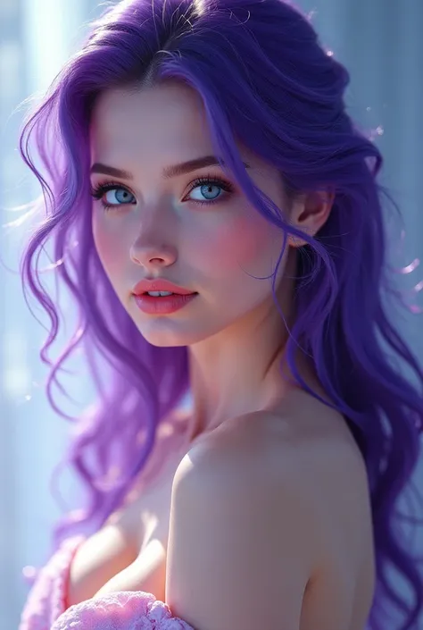 Generate a 21-year-old woman with blue eyes, purple hair and a beautiful body with waves. 
