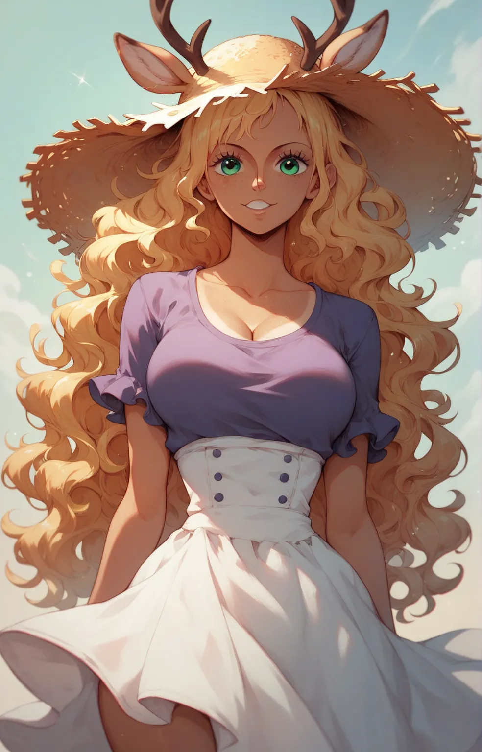 (One piece art style) character design, (Messy Long Black wavy hair), cute deer ears, tanned skin with freckles on the face, emerald eyes, curvy body, large chest, a short sleeve purple shirt, a modest white long sundress, straw hat 