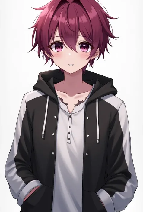 Apathetic anime  boy, dark fuchsia hair, dark purple eyes to black, Wear a black and white sweatshirt with an open zipper with a shirt with three unbuttoned buttons inside,  normal physique , mole under the right eye
