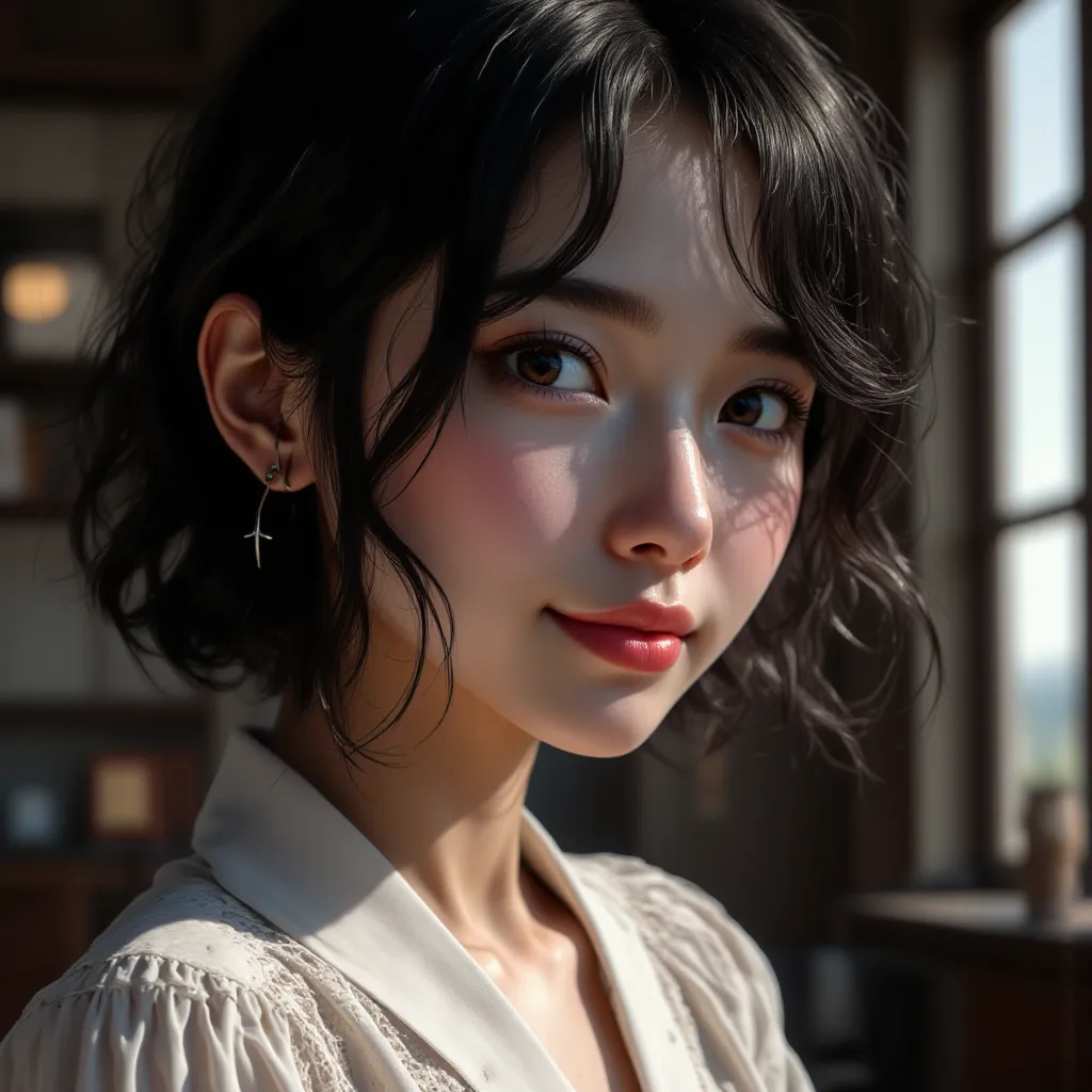 a smiling girl with black hair,delicate face,looking at the audience,masterpiece,(best quality,4k,8k,highres,ultra-detailed,realistic,photorealistic:1.37),disney style doodle,best shadow,best lighting,cinematic light,fair skin tone