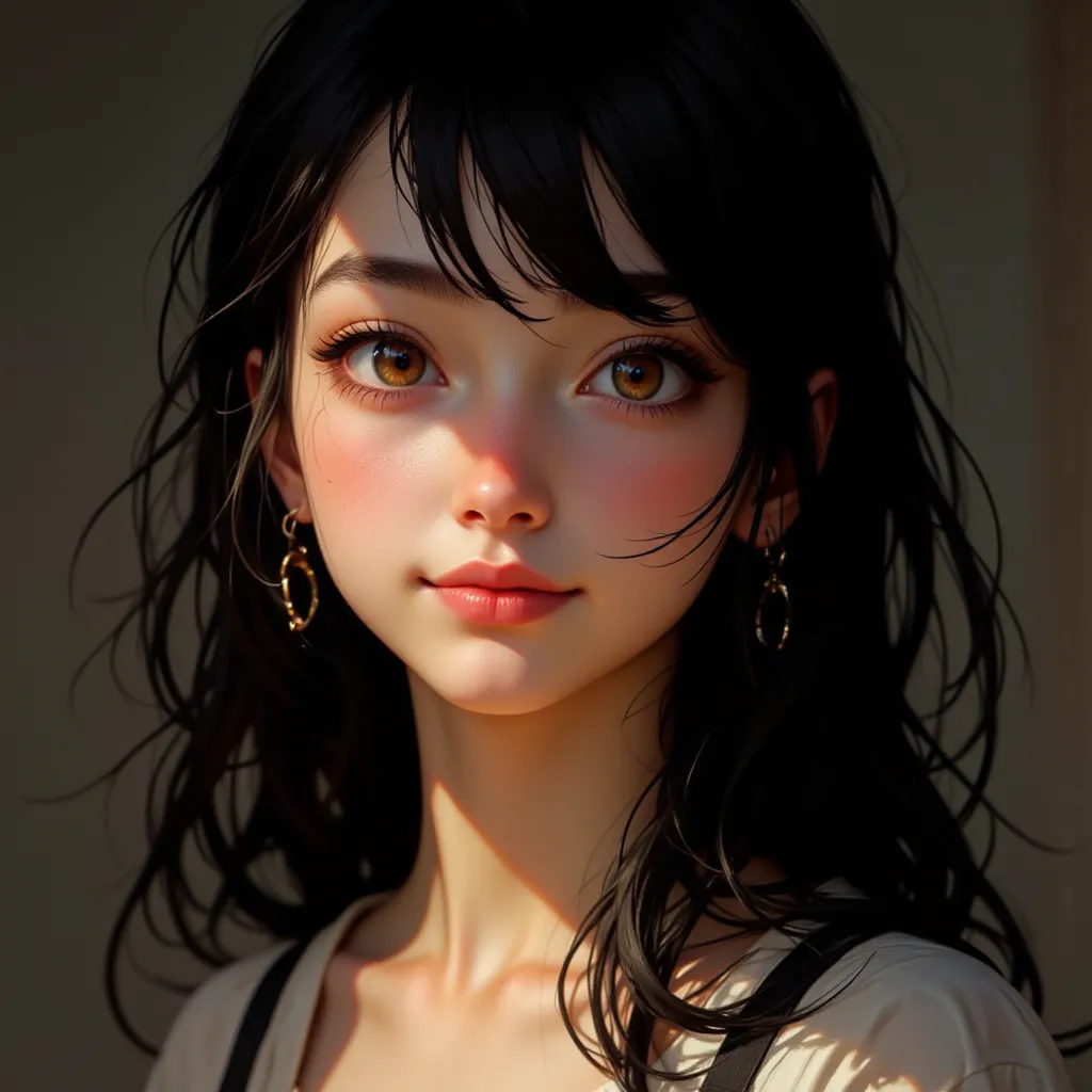 a smiling girl with black hair,delicate face,looking at the audience,masterpiece,(best quality,4k,8k,highres,ultra-detailed,realistic,photorealistic:1.37),disney style doodle,best shadow,best lighting,cinematic light,fair skin tone