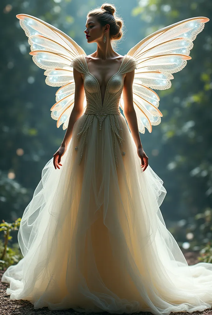 Close-fitting tulle dress with wings but not like a fairy 