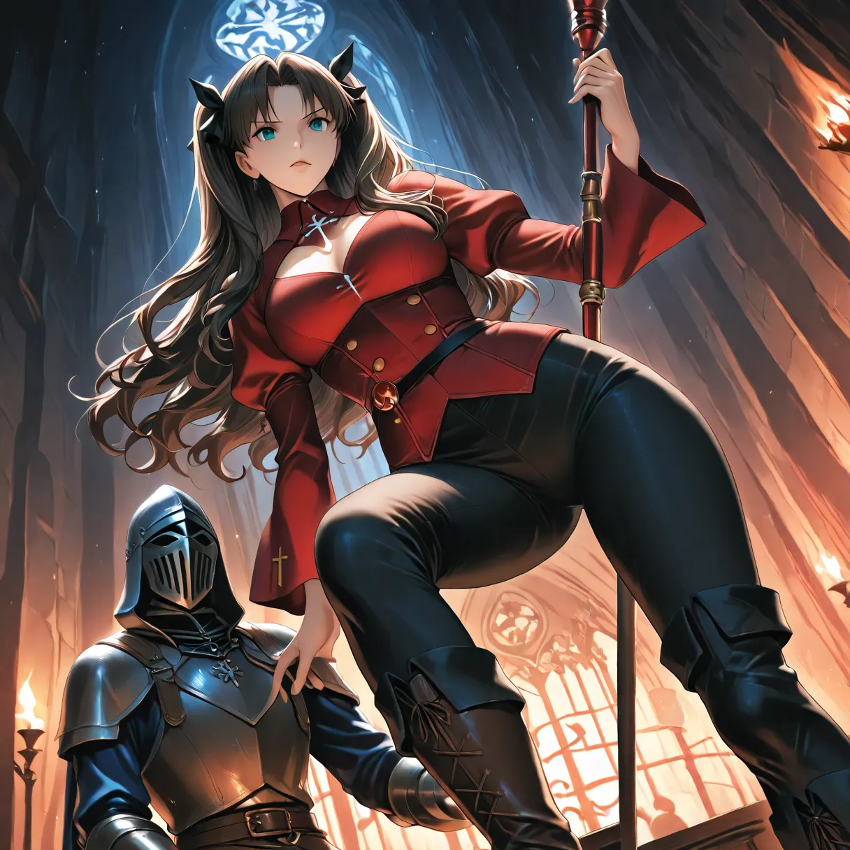 Rin Tohsaka, Inside the castle, Medieval Magician, medieval adventurer,  red shirt,  black pants , black thigh pants, own boots, brown knee-high boots, fantasy adventurer costume, elegant, dominant, Dutch angle, cowboy shooting, perfect eyes, perfect body