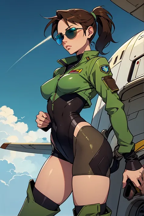 skinny female, blue eyes, brown ponytail, small breasts, green flightsuit, jet pilot, lowered aviator sunglasses