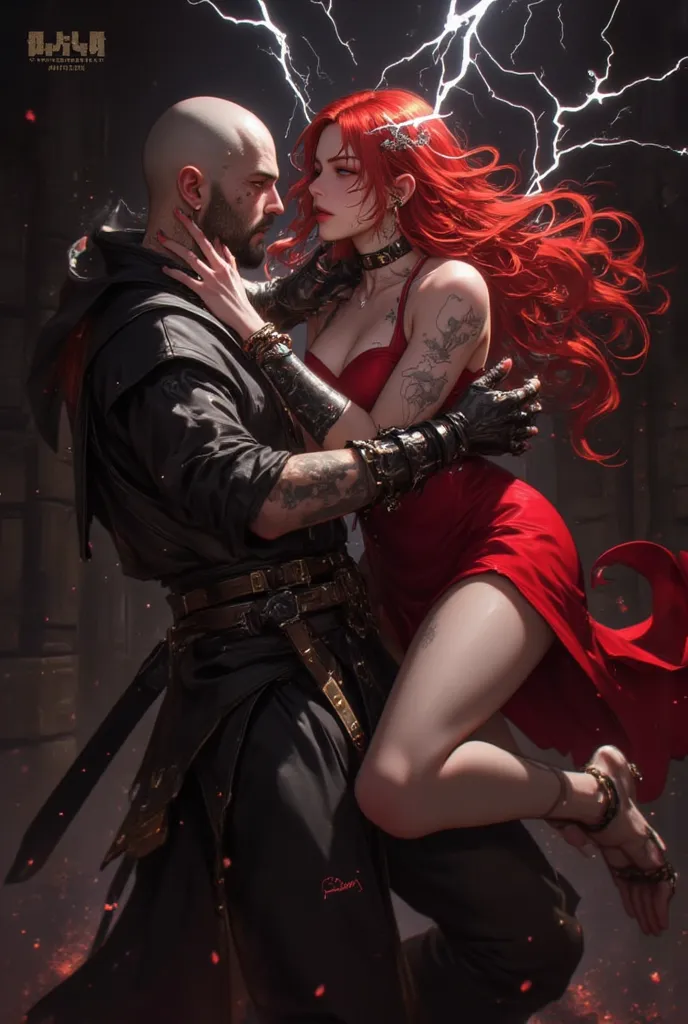 imagine a male, skinny, bald no hair human, rogue, in black pirate clothes, no shirt; hand to hand with a female, redhead, long, curly hair, female, sorcerer in a small red dress. 