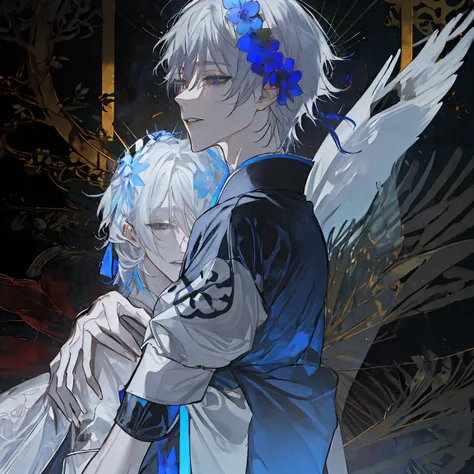 Ultra-high-quality, highly detailed, masterpiece illustration in Pixiv style. A mesmerizing young male yokai fox with stunning silver-white hair. His hair, of medium length between short and long, shimmers smoothly under the moonlight. His translucent ligh...