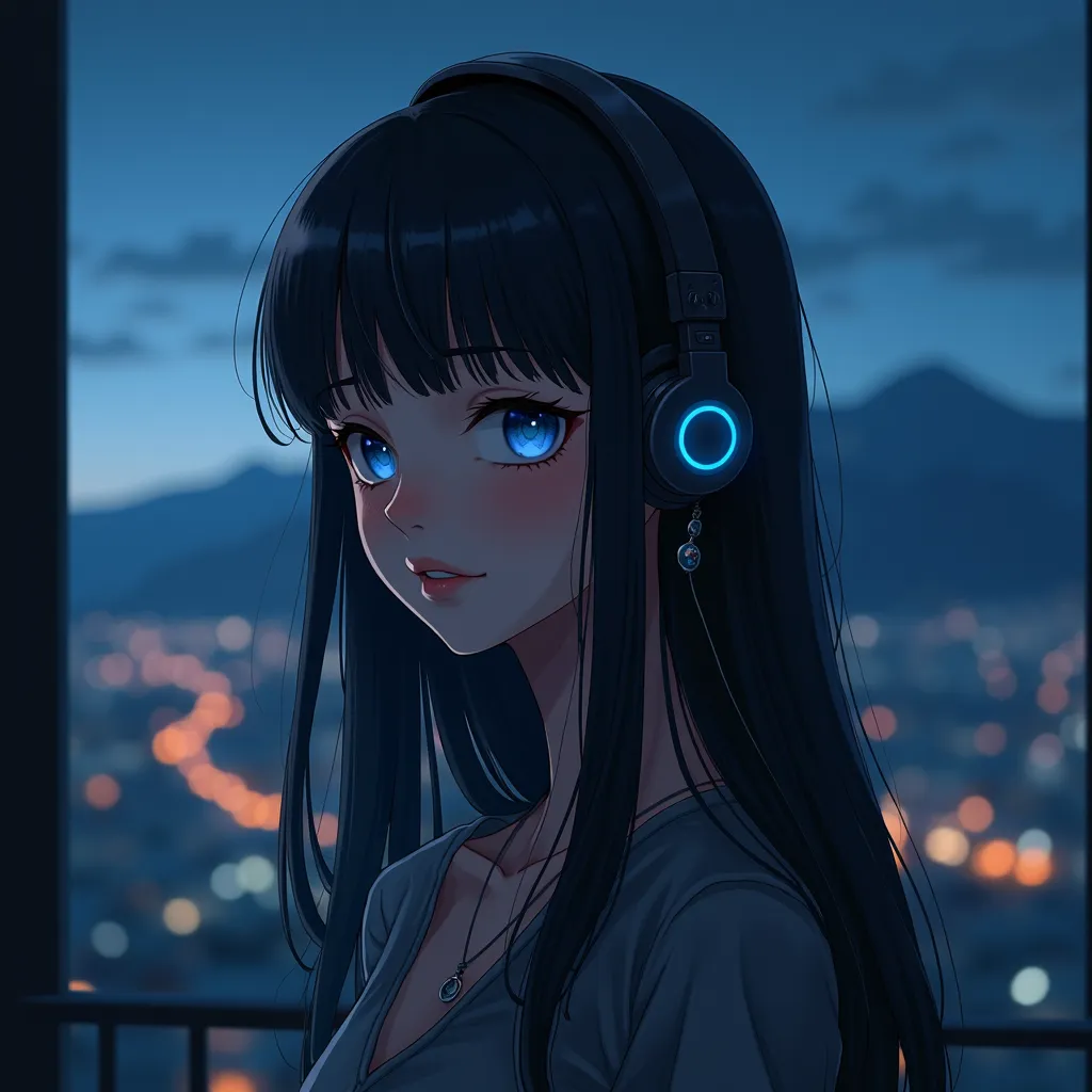  slim woman , long hair, Black hair, Bangs,  earrings,  Smile, blue eyes, ajar lips,  headphones,  is standing on the balcony, at night, high resolution, Realistic anatomy, better quality, runs away from the mountain High quality,  bottom view, , Lens glar...