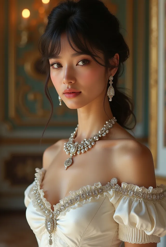  donna italiana nobile del 1800.  brown-eyed .  white dress . bangs . It's in a ballroom and the style is neoclassical, She has jewels a lot of jewels 