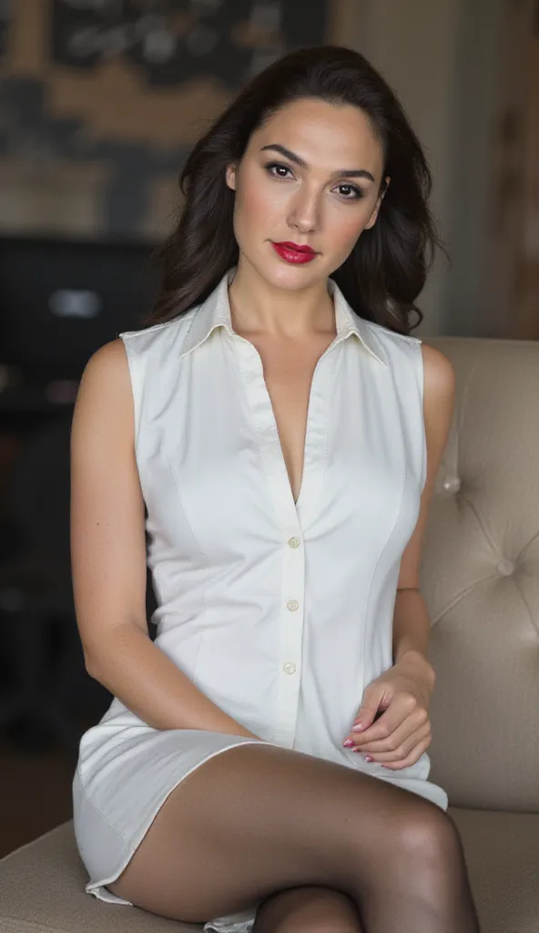 Close up straight image of a woman in a formal white sleeveless shirt. Sitting. Legs folded. Thighs visible. Background blurred. She is wearing stockings. Red lipstick. 