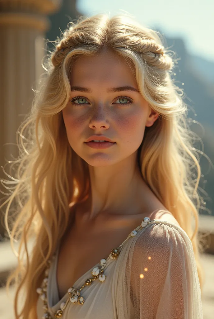 Create a realistic image of a blonde age girl with the face of Shay Rudolph, sexy features, and ager , Let her look both tender and beautiful and dressed as the Greek goddess of Olympus