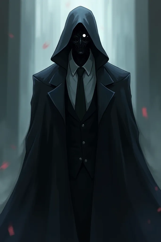 (anime) A man resembling a completely black spectre, with only one eye visible, he wears elegant official clothing, is strong and attractive despite not having a face as such.