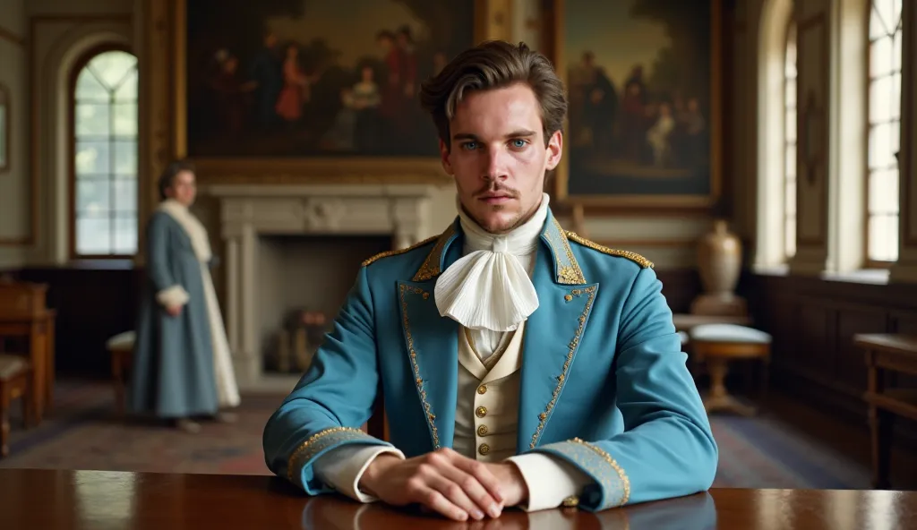 A refined aristocratic gentleman with sharp blue eyes and a composed expression sits at a polished wooden table in an elegant historical setting. He wears an early 20th-century aristocratic outfit, consisting of a sky-blue military-style coat adorned with ...