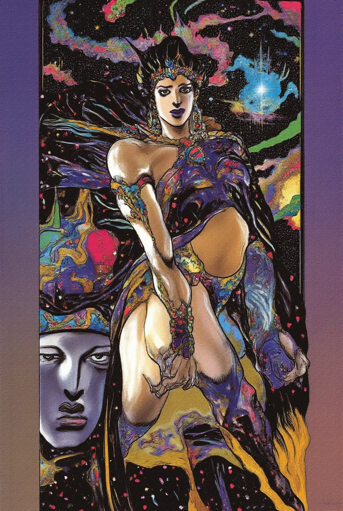 This image shows a powerful female bodybuilder Galaxy Vampire villain in a fantastical anime style, surrounded by a surreal backdrop of Chaos in the Cosmos and Dark Queen's face. With vibrant colors and detailed visuals, this artwork combines elements of d...