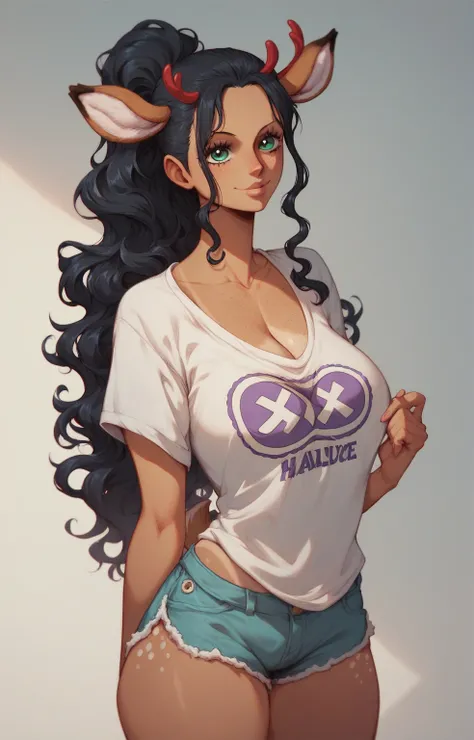 (One piece art style) character design, (Messy Long Black wavy hair), cute deer ears, tanned skin with freckles on the face, emerald eyes, curvy body, large chest, a loose purple crewneck tshirt, shorts and her black hair in a up ponytail