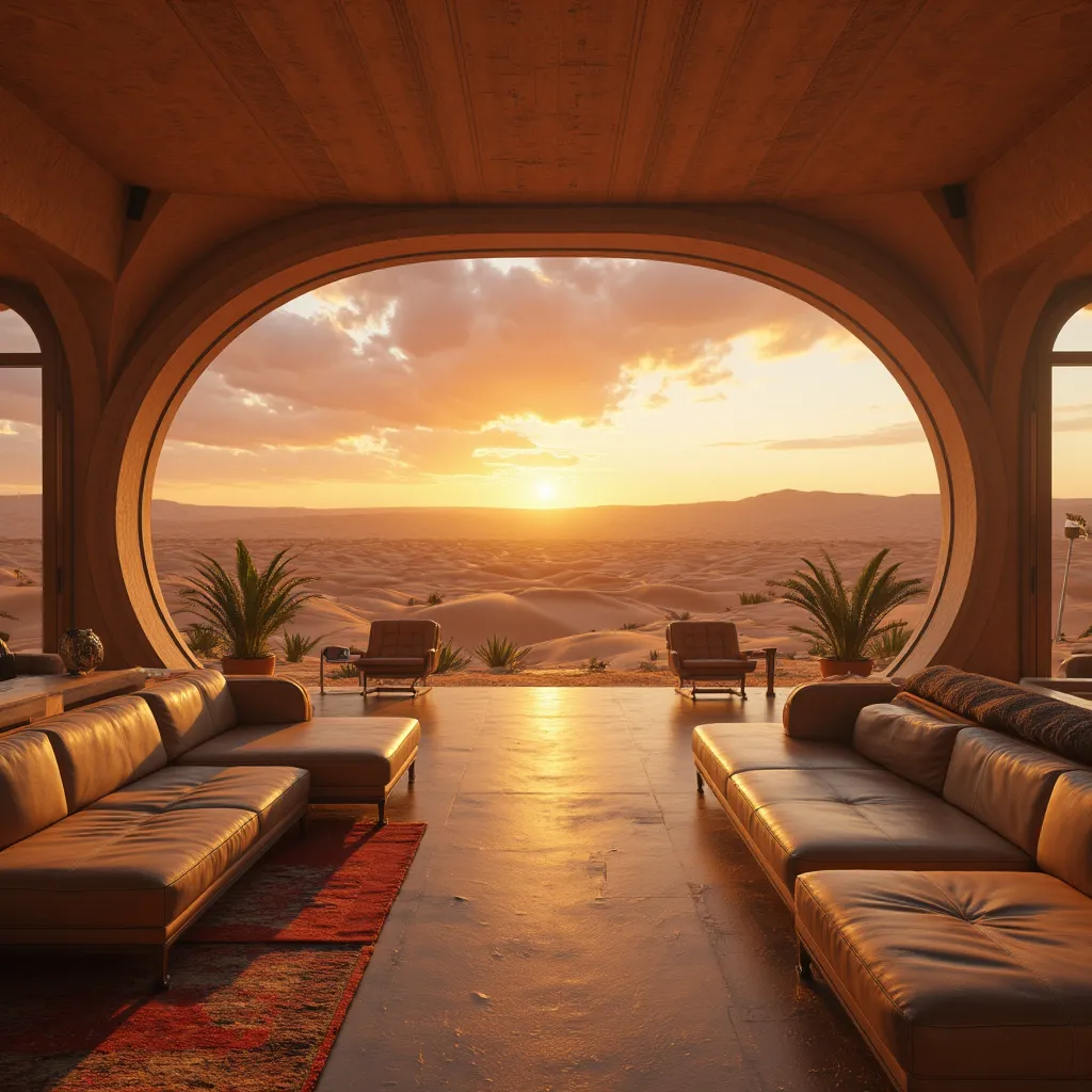 ((view of a very very large curved living room)) with panoramic view of an infinite dune desert, inspired by Dennis Fremont, ((Wide-Angle)), Impressive architecture, (( masterpiece )), (( open thighs )), 8K, (style 1940 ), vibrant color, sunset light