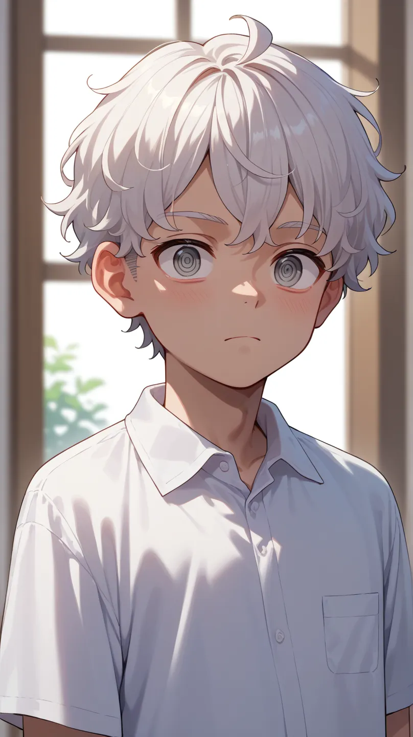 Tall Boy. Young adult. white hair. short hair. wavy hair. Thin Eyes. gray eyes. fair skin. white shirt.