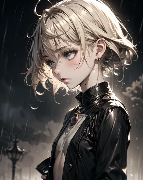 joying_MLBB,1 girl,short hair,blonde,уши lifeных,tail,life,navel, 1 girl, funeral, it is raining heavily, she is standing in the rain, crying, Holding back tears, looking down, hair near her face, Grey colors, Mainly cloudy, sad, melancholy, depression, a ...