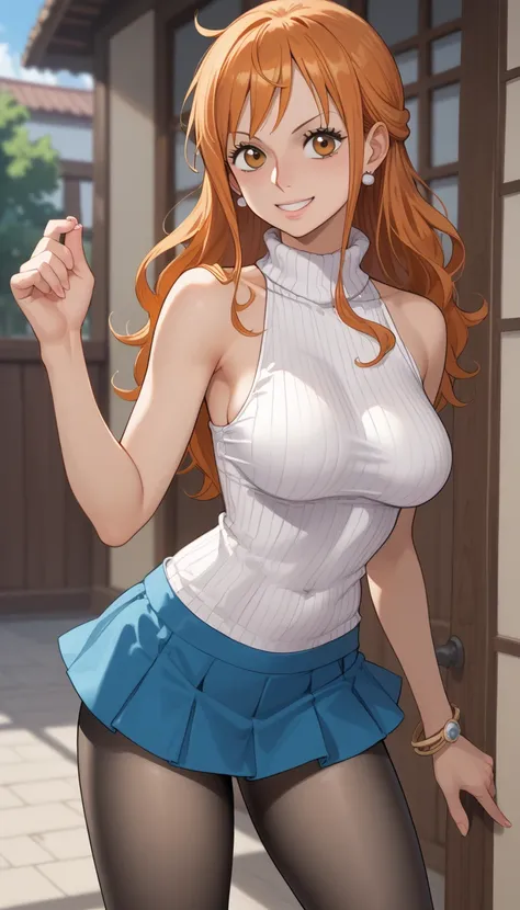 score_9, score_8_up, score_7_up,  source_ anime、highest quality、8k、 masterpiece、Ultra High Resolution、natural light、Completely-Wide、one woman、saggy breasts、one piece、Nami、orange hair、 orange eyes 、cute、happy、(sleeveless rib knit sweater、 high neck、micro mi...