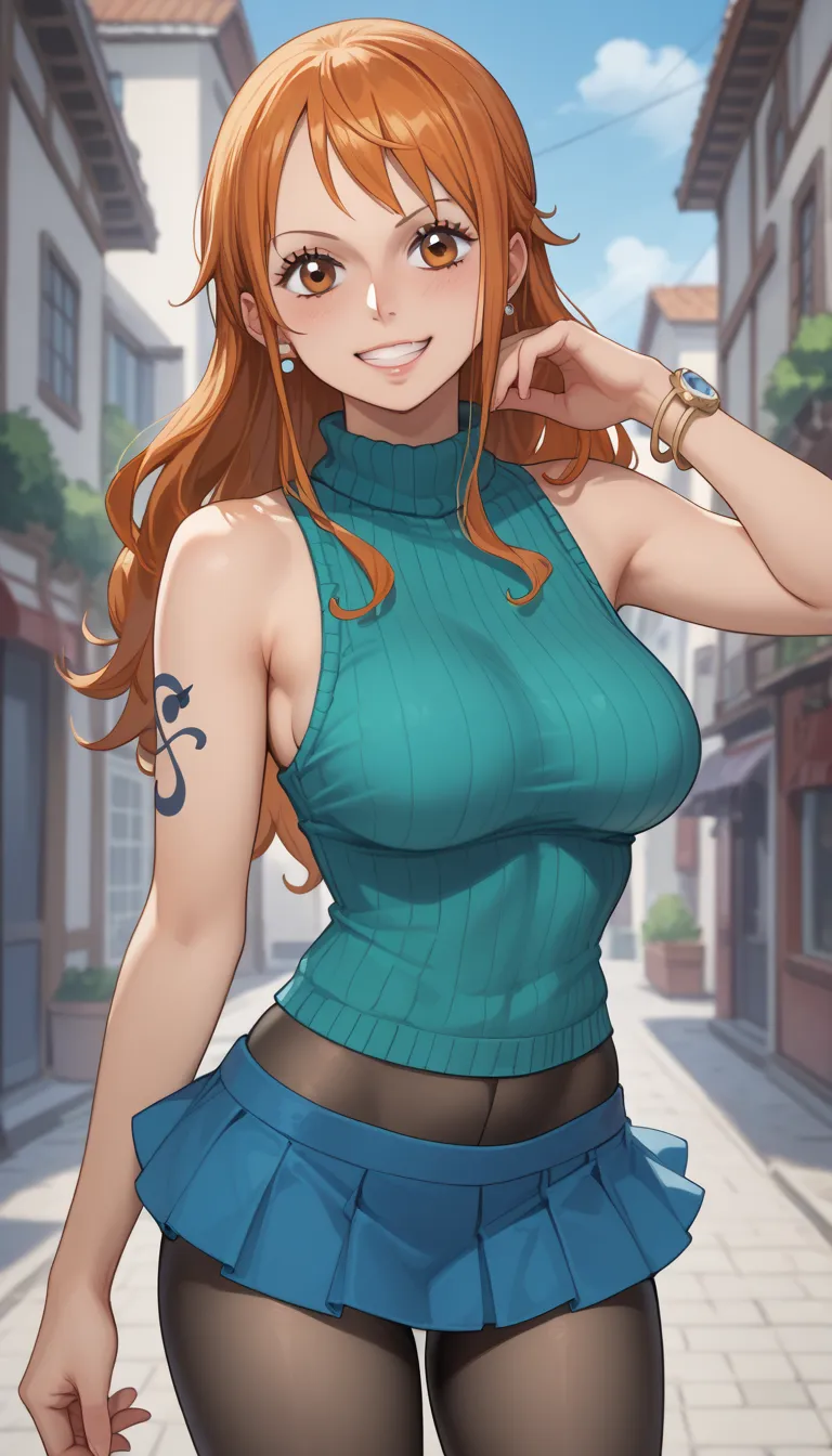 score_9, score_8_up, score_7_up,  source_ anime、highest quality、8k、 masterpiece、Ultra High Resolution、natural light、Completely-Wide、one woman、saggy breasts、one piece、Nami、orange hair、 orange eyes 、cute、happy、(sleeveless rib knit sweater、 high neck、micro mi...