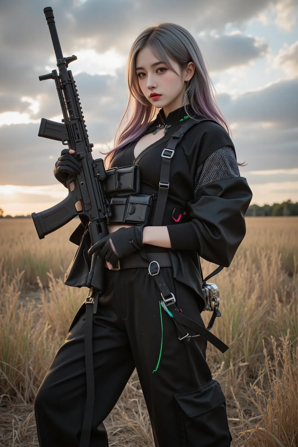 A stunning woman standing confidently in the middle of an open grassland, blending high-end street fashion with rugged military combat aesthetics. She wears a tactically inspired yet stylish outfit, featuring an oversized streetwear jacket with reinforced ...