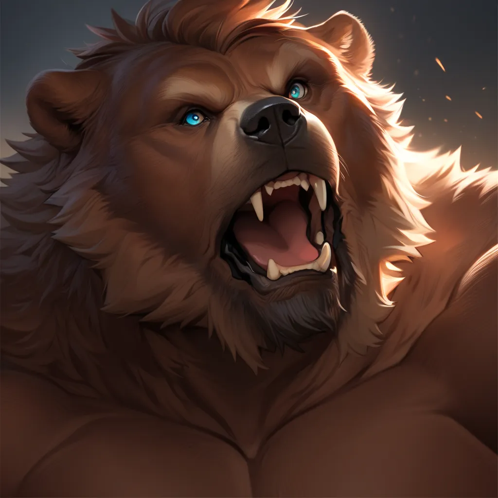 solo, 1boy, muscular, portrait, old, bearded, grizzly bear, face, face focus, detailed face, angry, open mouth, detailed eyes, huge muscle, short hair:1.2, detailed eyes, focus eyes, shirtless, masterpiece, semirealistic:1.2, high detailed, 8k, high resolu...