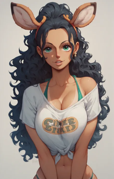 (One piece art style) character design, (Messy Long Black wavy hair), cute deer ears, tanned skin with freckles on the face, emerald eyes, curvy body, large chest, a loose crewneck tshirt, bikini bottoms and her black hair in an up ponytail