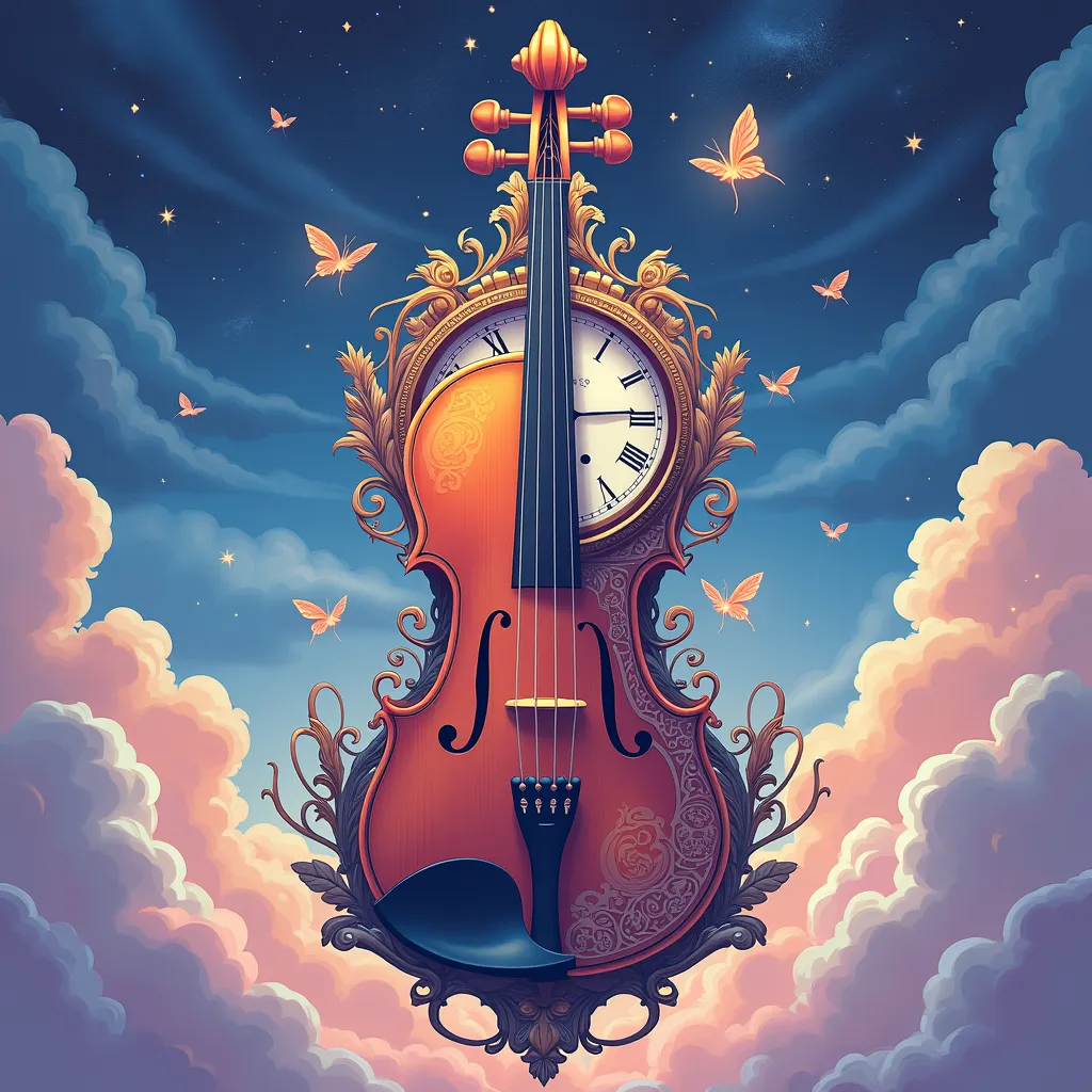 a violin and a clock, anime graphical style