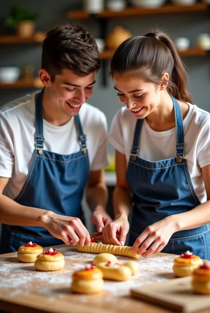 Two young agers wearing jean-colored kitchen aprons preparing some pastry. Make it hyperrealistic and with a blurred background