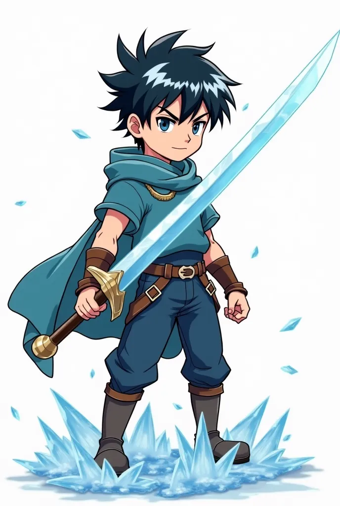 A young man with short black hair with white tufts looking firmly and resolutely to the front, He holds a shining white sword and at his feet is covered with ice stakes...All this on a white background 