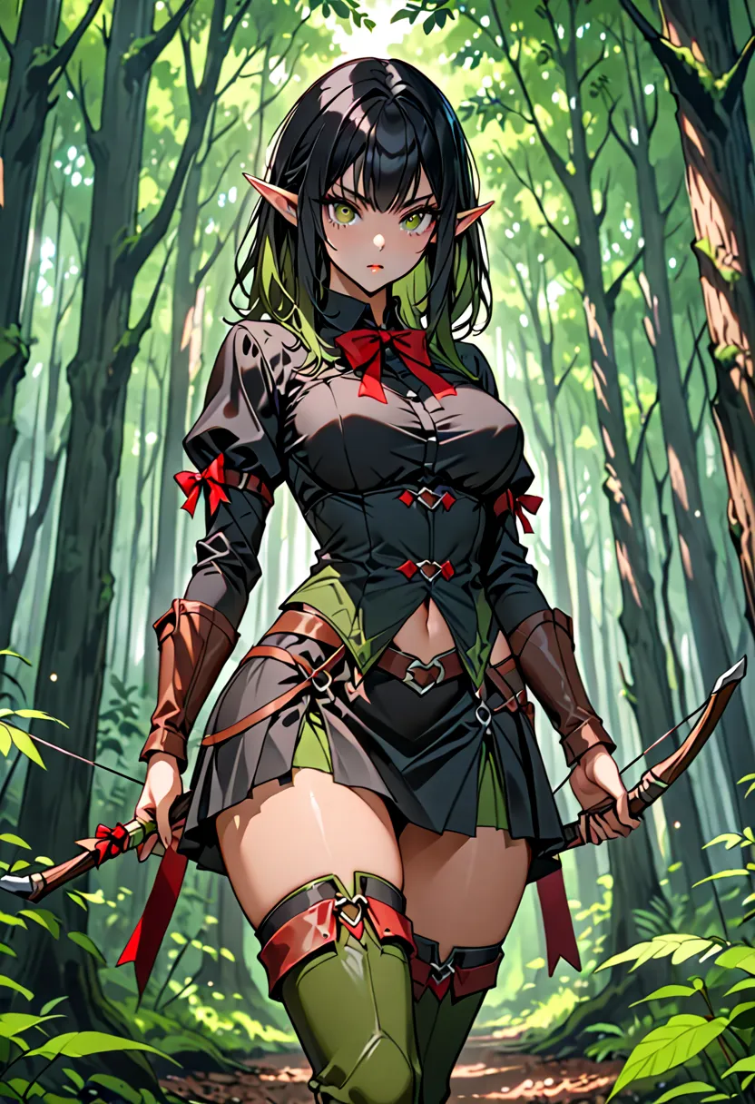 Straight black hair Big Elf eyes green brunette medium large breasts healed abdomen thick thighs Big black skirt black blouse with red thick thighs brown boots holding bow in hand in the sexy forest