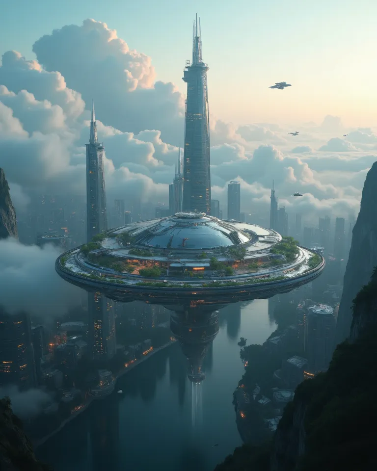 Full, uncut and multidimensional futuristic view of the technologically most advanced levitating estate of some kind of farmland islands floating in the air above the river valley hidden in between mountains, being downscaled reconstructions of the natural...