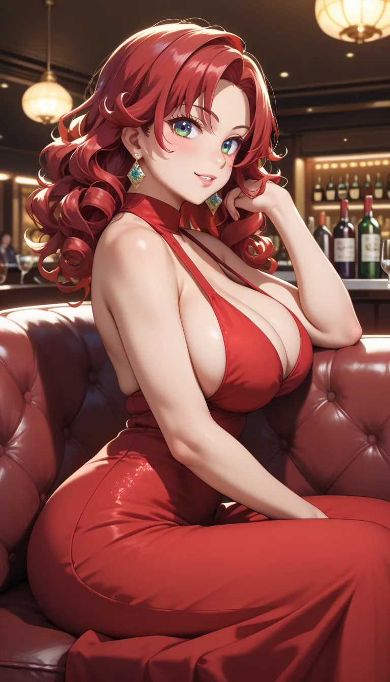 (masterpiece, best quality, ultra-detailed, high resolution, detailed eyes), takeda hiromitsu style, {{1woman}}, (30 years old), (red party dress, long skirt), nightclub, earrings, curvy body, large breast, long red hair, curly hair, tall, big eyes, sittin...