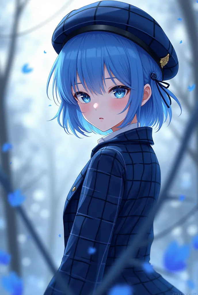 illustration style、 blue hair、 sky blue eyes、girls、Dark Blue Plaid Beret、Dark blue check pattern outfit