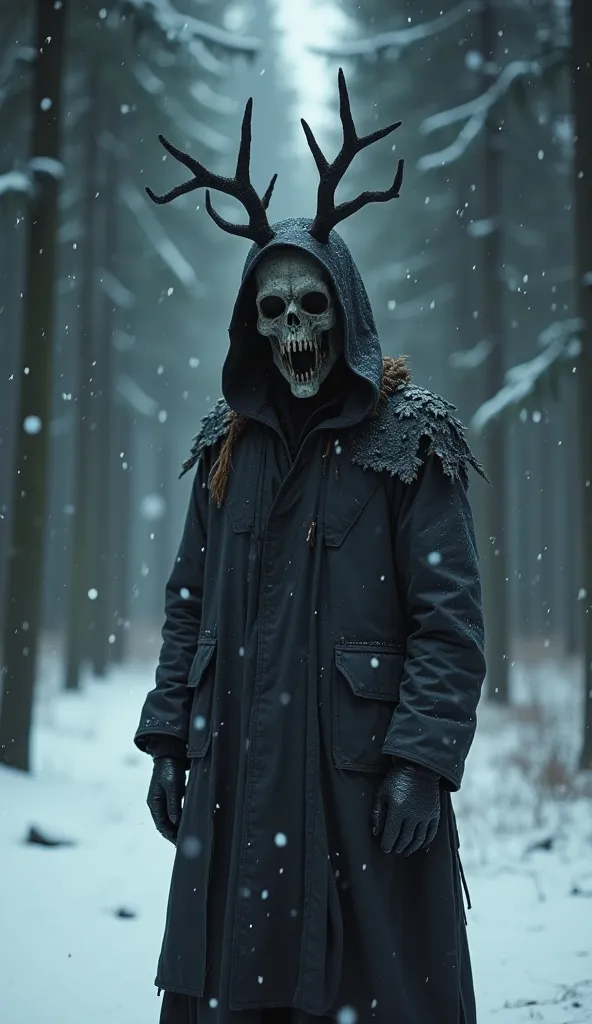 "A mysterious figure standing in a snowy forest. The figure wears a tattered, hooded coat and a mask with hollow eyes and antler-like protrusions. Snow falls gently around, creating a haunting atmosphere. The trees are dark and shadowy, enhancing the eerie...