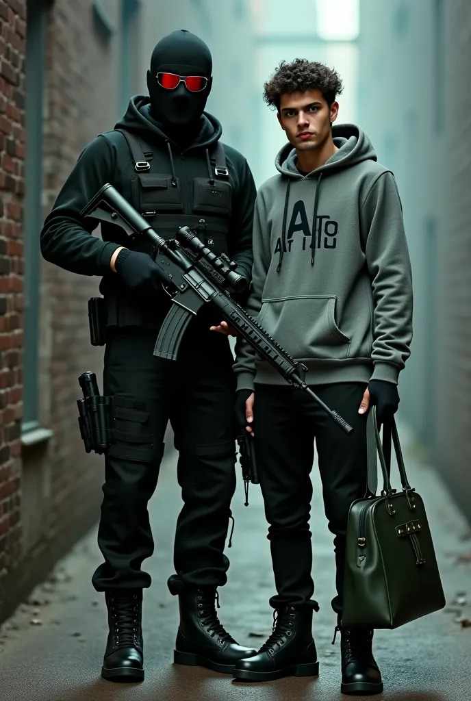 .and.a.p. opera, dressed in a black tactical balaclava and red glasses, holding an assault rifle and standing with a guy, holding a gun and wearing a hood with black curly hair, and brown eyes. His clothes usually consist of a grey sweatshirt with “” writt...