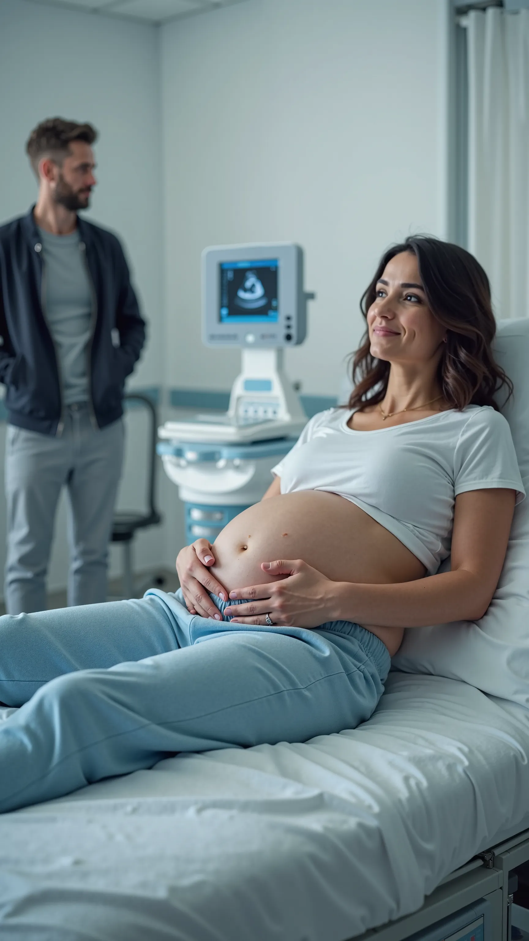 A pregnant woman is lying on a hospital examination bed in an ultrasound room, wearing light blue maternity sweatpants and a white t-shirt, with her belly exposed. Her hands are gently placed on her round belly, which has subtle stretch marks. The room is ...