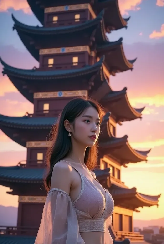 A low-angle shot of Erika standing beneath the towering silhouette of a five-story pagoda, its wooden eaves stretching toward the sky. The neon engravings carved along the beams begin to dim as the dawn light grows stronger. In the distance, cherry blossom...