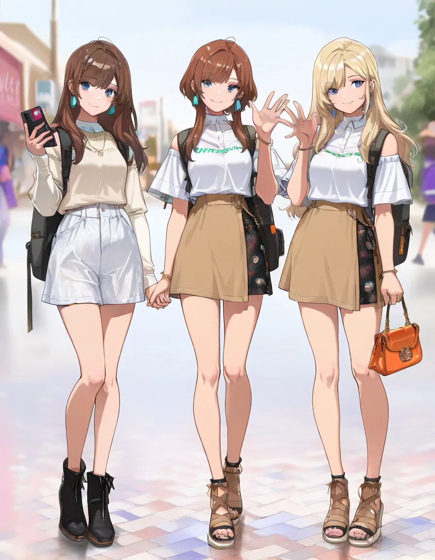 (((Best Quality))), 3 lady, anime characters, fashionable and trendy, outfit designs, diverse outfits, (character design), outfit design, fashion concept art, , holding bag, different haircolor, backpack, hand gesture, full body,  steepled fingers, waving ...