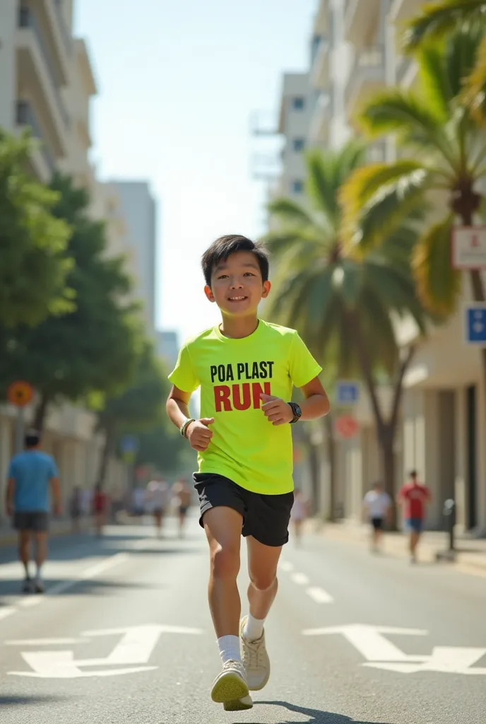 cena: a MAIN CHARACTER, um jovem homem, in a race in the middle of a city with clean streets,   Cheerful and friendly  ,  in the center, wearing a fluorescent green t-shirt with the writing "POA PLAST RUN" in front. Bottom: (((Uma cidade limpa e verde com ...