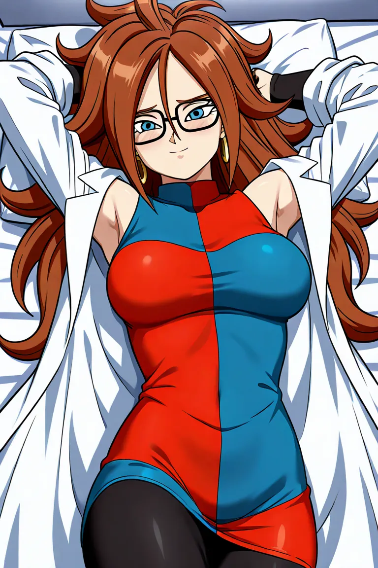 android21, android 21, blue eyes, brown hair, glasses, long hair, very long hair, black-framed eyewear, happy face, little smile, close mouth, black sleeves, checkered clothes, checkered dress, detached sleeves, dress, lab coat, turtleneck, bedroom, Black ...