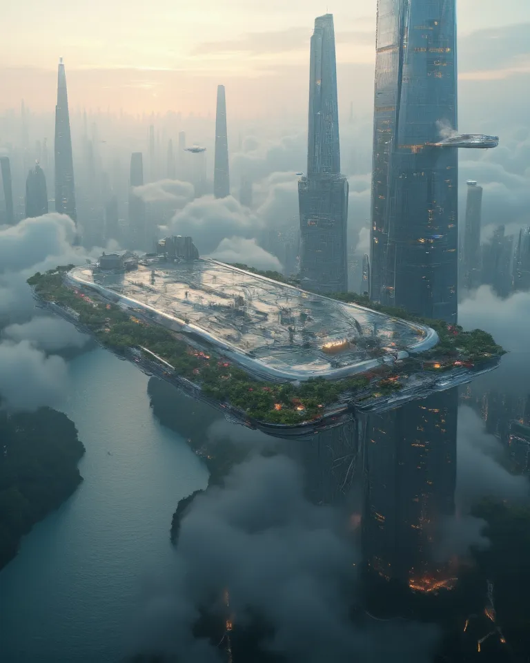 Full, uncut and multidimensional futuristic view of the technologically most advanced levitating estate of some kind of farmland islands floating in the air above the river valley hidden in between mountains, being downscaled reconstructions of the natural...