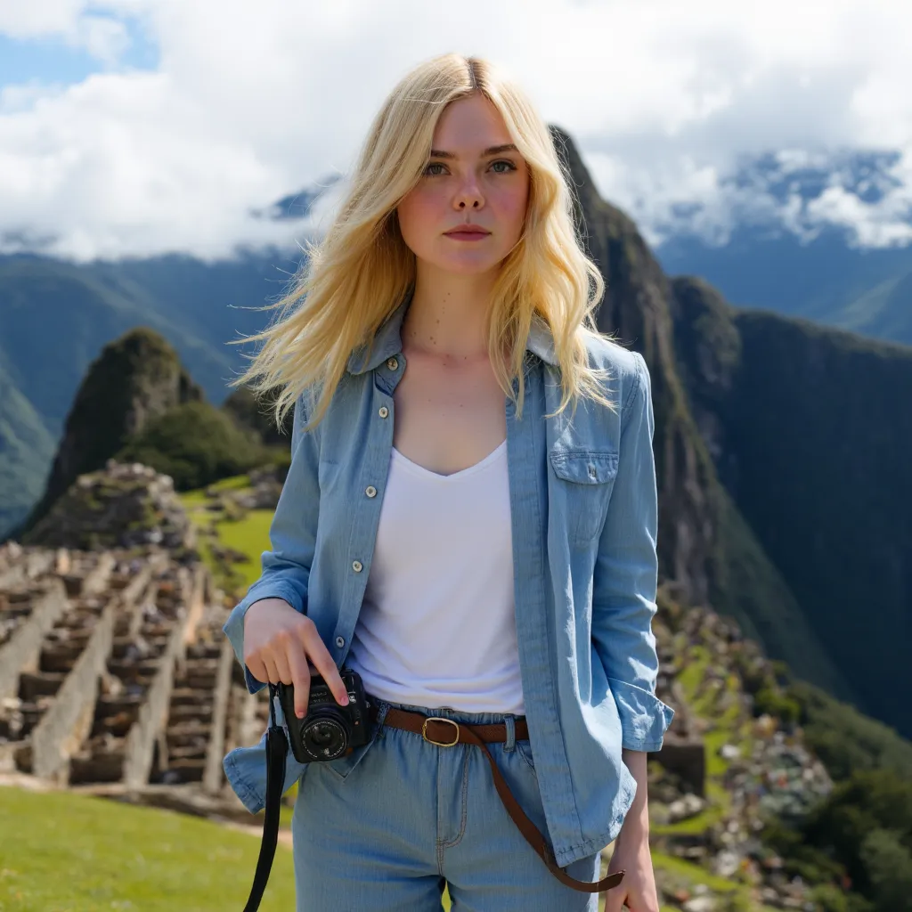 Description of the image
Elle Fanning:
Elle Fanning's face is the protagonist of this work. I captured their distinctive features: long blond hair with soft waves, big eyes of a striking blue-green, fair skin with some subtle freckles and a serene but amaz...