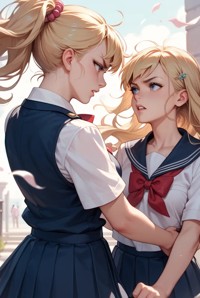 An anime girl,confrontation,school uniform blouse,blonde