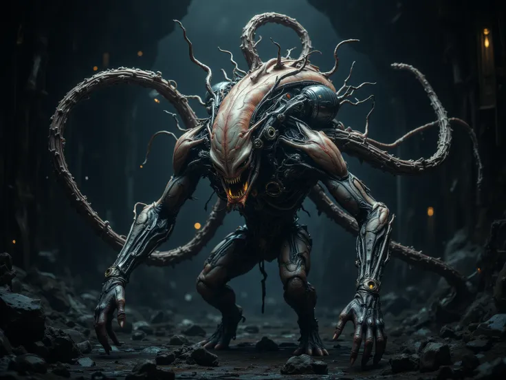 A terrifying biomechanical alien entity, an eerie fusion of organic flesh and advanced machinery. Its body constantly shifts between smooth, sinewy tissue and intricate metallic components, with glowing energy veins coursing through its structure. Its form...