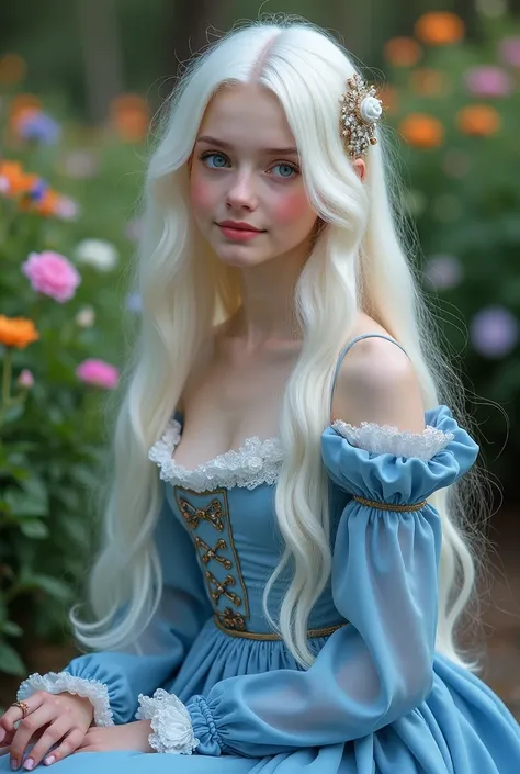 a girl with very long white hair and blue eyes. the era of Romanticism. the aristocracy. The blue dress. on the background of a garden with flowers. a slight smile. a gentle aristocrat girl. The girl is sitting.