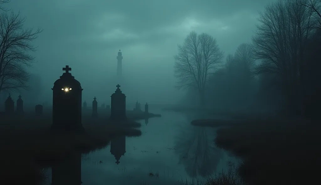 An old cemetery shrouded in thick fog, with ancient graves and spectral statues emerging from the mist. A distant lighthouse faintly illuminates the scene, while a cloudy, stormy sky reflects in a stagnant lake. The face of a mysterious figure is barely vi...