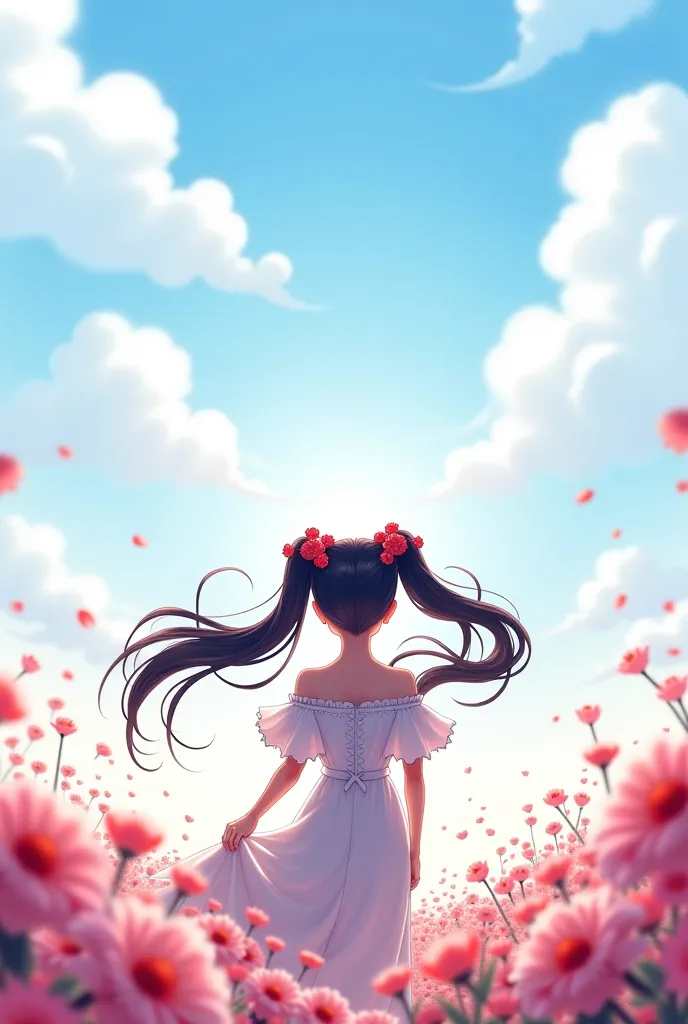 masterpiece, best quality, amazing quality,  front view ,  1girl , Alone, long hair, black hair,  twintail hair ,  red eyes, spiral eye, beautiful scenery, sunlight, long live, white clouds , The flowers , 4K, HDR, ultra-detailed, photorealistic, oil paint...