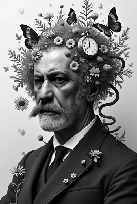 Black and white image of Freud with flowers, clock, butterflies and snakes poking out of your head.
