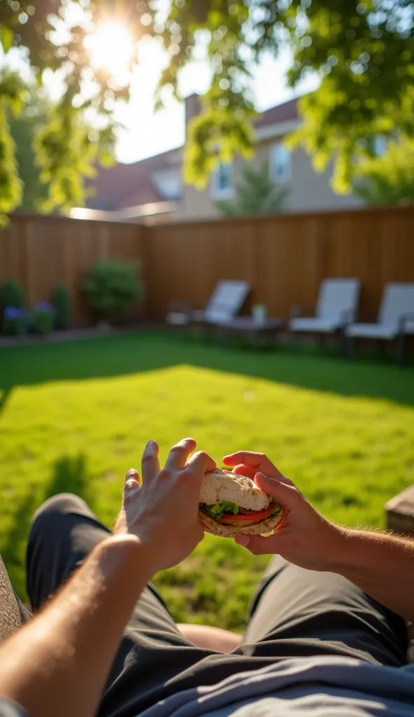 "Realistic cinematic POV image, calm suburban backyard in late afternoon. Camera perspective from a man relaxing, holding a half-eaten sandwich. Backyard with green grass, neat fence, cozy patio furniture, warm natural sunlight filtering through leaves, pe...