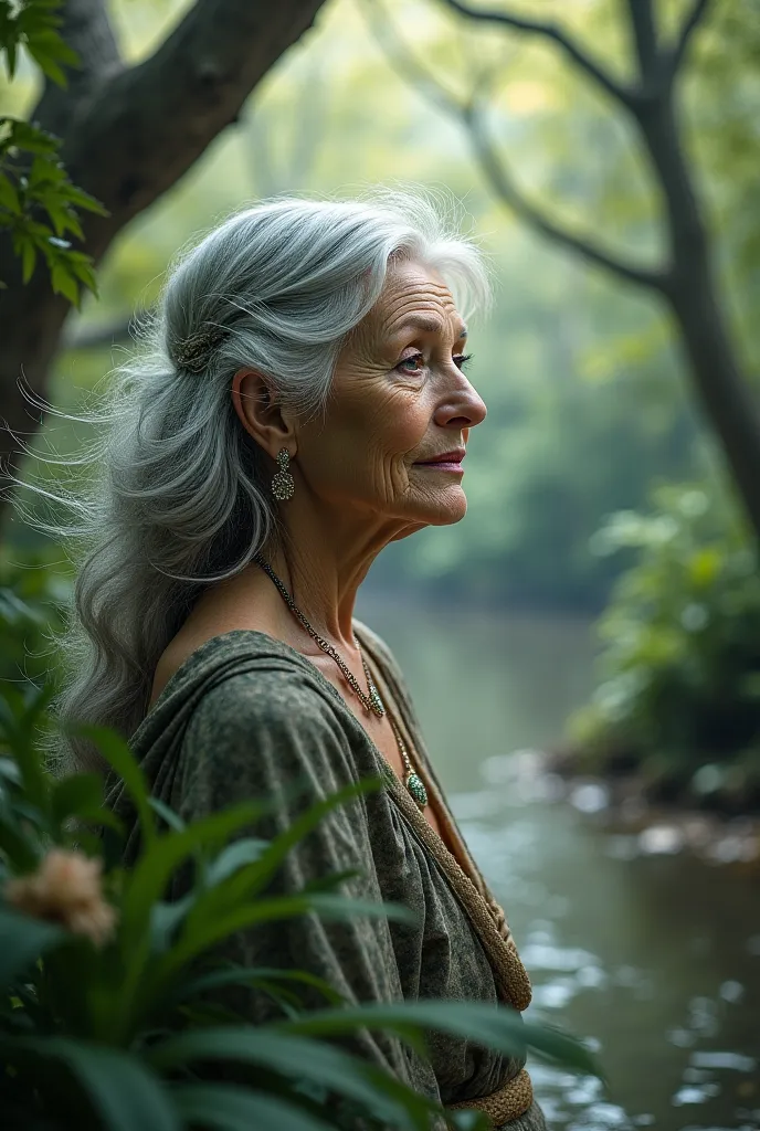 Woman with gray hair in nature